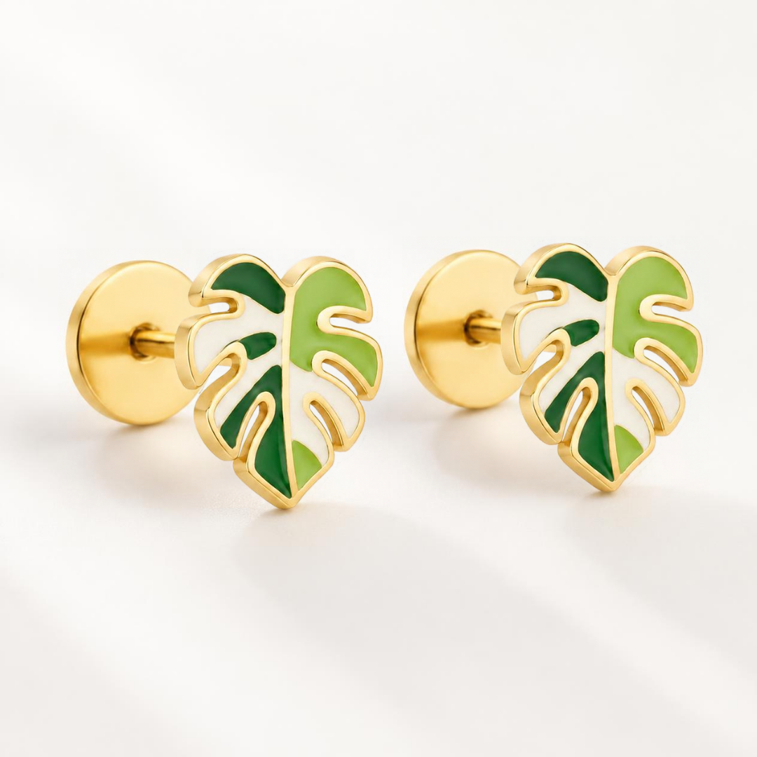 Variegated Monstera Leaf Stud Earrings