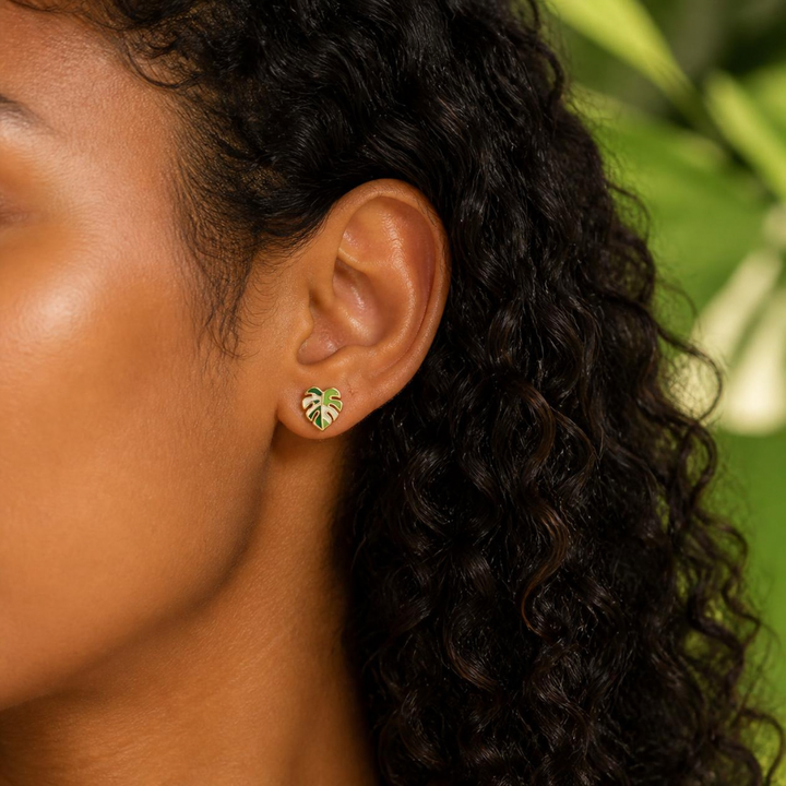 Variegated Monstera Leaf Stud Earrings